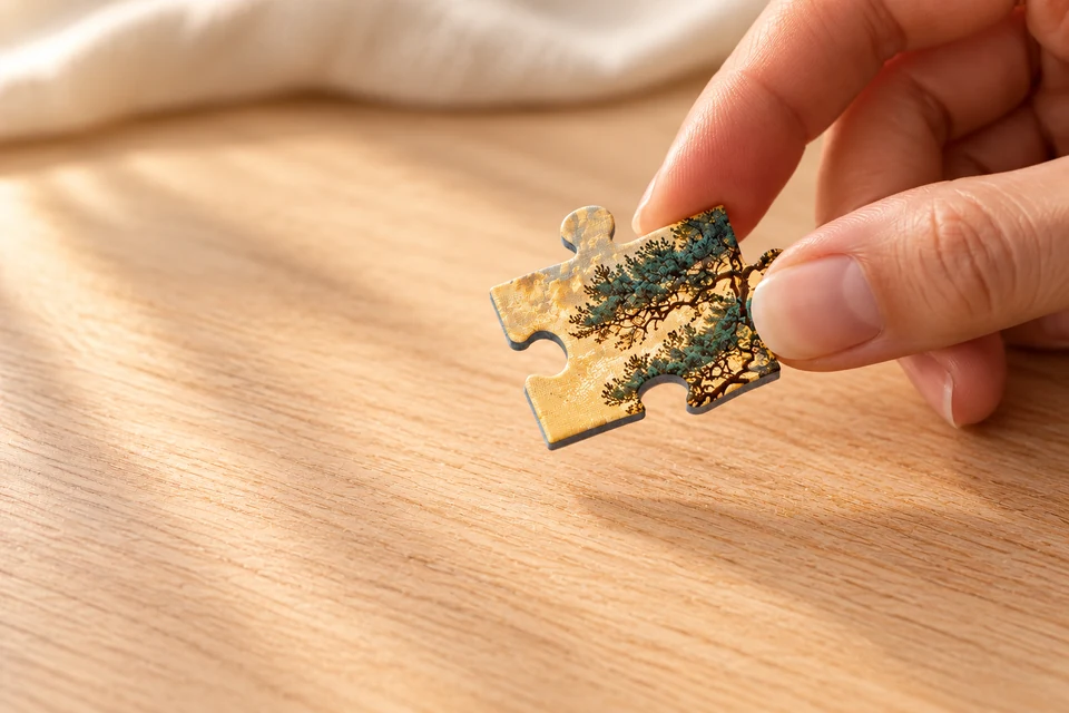 Détail de la surface imprimée et de la découpe d’une pièce de puzzle